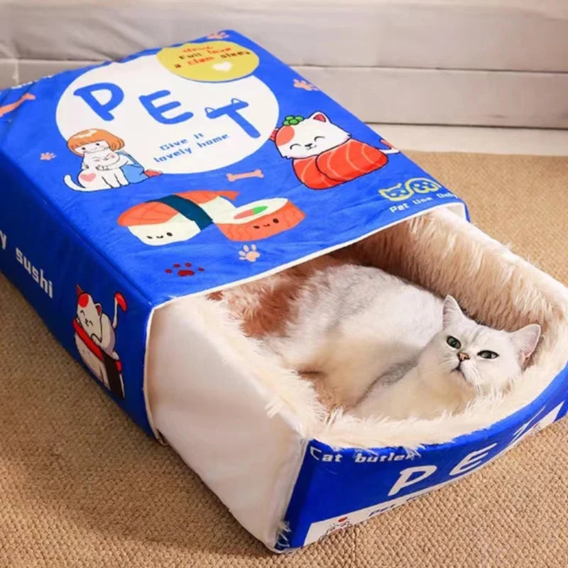 Fully Enclosed Biscuit Box Pet Cat Bed Rectangular Pull Out Snack Kitten Cat House Cushion Cave with Zipper