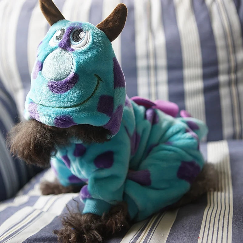 1PC Pet Apparel Dog Autumn and Winter Plush Thickened Blue Dinosaur Monster Four Legs Suitable for Small and Medium sized Dogs