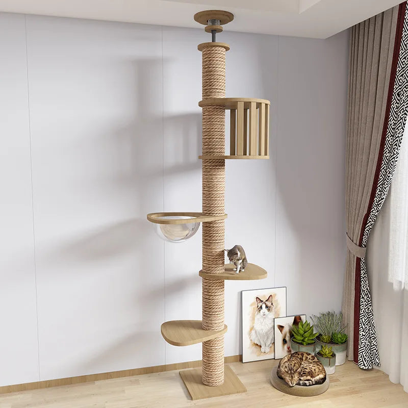 Multifunction Wooden Cat Tree House, Kitten Climbing Toy, Scratching Posts, Tower, Soft Flannel Hammock Bed, Furniture