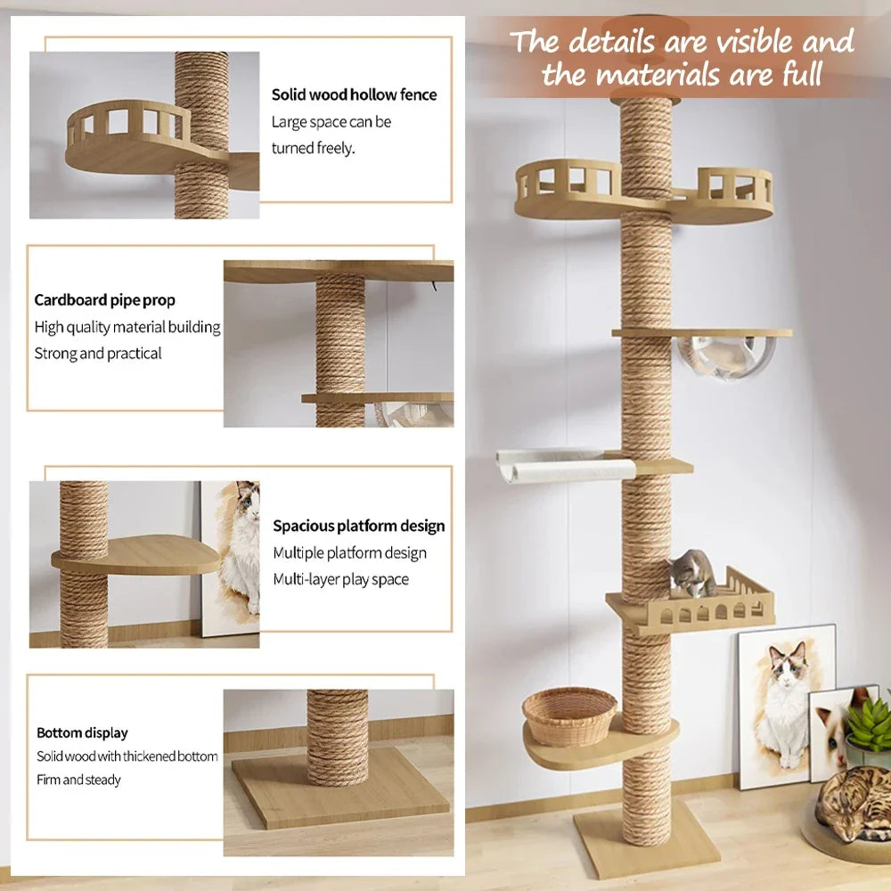 Multifunction Wooden Cat Tree House, Kitten Climbing Toy, Scratching Posts, Tower, Soft Flannel Hammock Bed, Furniture