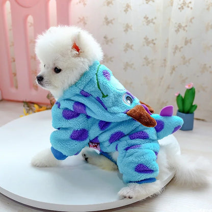 1PC Pet Apparel Dog Autumn and Winter Plush Thickened Blue Dinosaur Monster Four Legs Suitable for Small and Medium sized Dogs