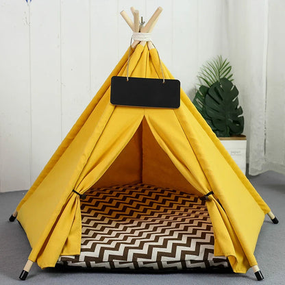 Pet Tent House Dog Bed Portable Removable Washable Teepee Puppy Cat Indoor Outdoor Kennels Cave with Cushion and Blackboard