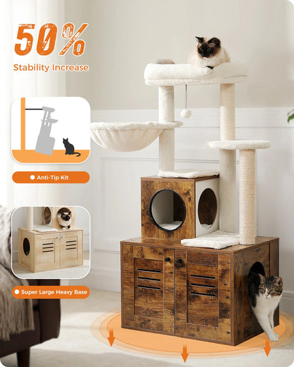 H127CM Modern Cat Tree with Condo Included Cat Litter Box Solid Wood Enclosure Furniture with Large Hammock Top Spacious Perch