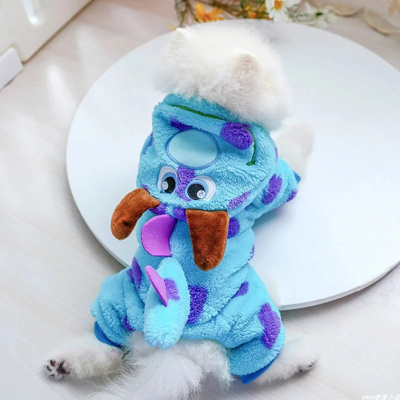 1PC Pet Apparel Dog Autumn and Winter Plush Thickened Blue Dinosaur Monster Four Legs Suitable for Small and Medium sized Dogs