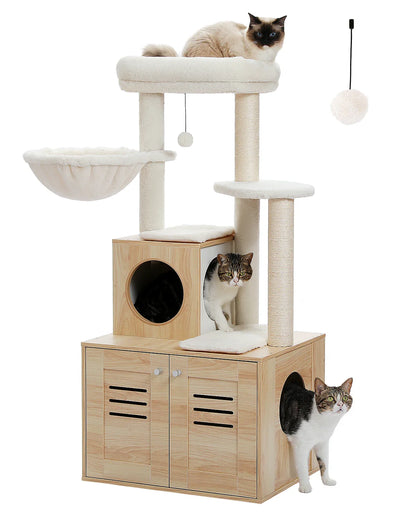 H127CM Modern Cat Tree with Condo Included Cat Litter Box Solid Wood Enclosure Furniture with Large Hammock Top Spacious Perch